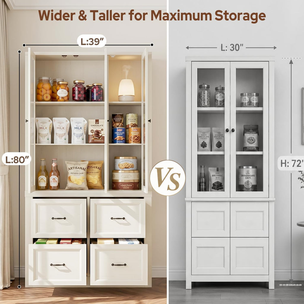80" Modular Kitchen Pantry Cabinet, 2-in-1 Freestanding Tall Pantry Cabinet with Glass Doors & Adjustable Shelves, Large Hutch Storage Cabinet for Kitchen & Living Room (2, White, AB)
