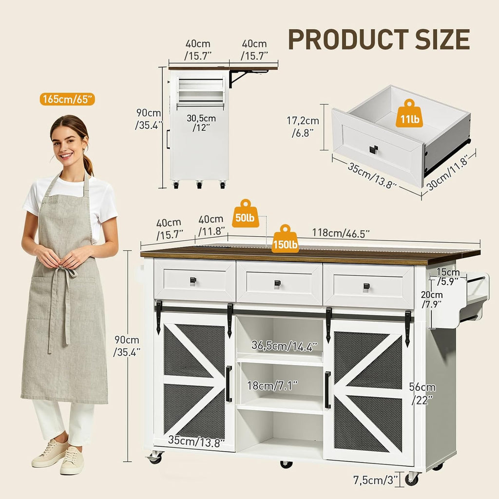 RALGEND Kitchen Island with Storage, 55" Kitchen Cart with Charging Station, Rolling Kitchen Island Table with Drop-Leaf, 3 Drawers, Barn Doors, Towel Rack and Spice Rack, White and Walnut