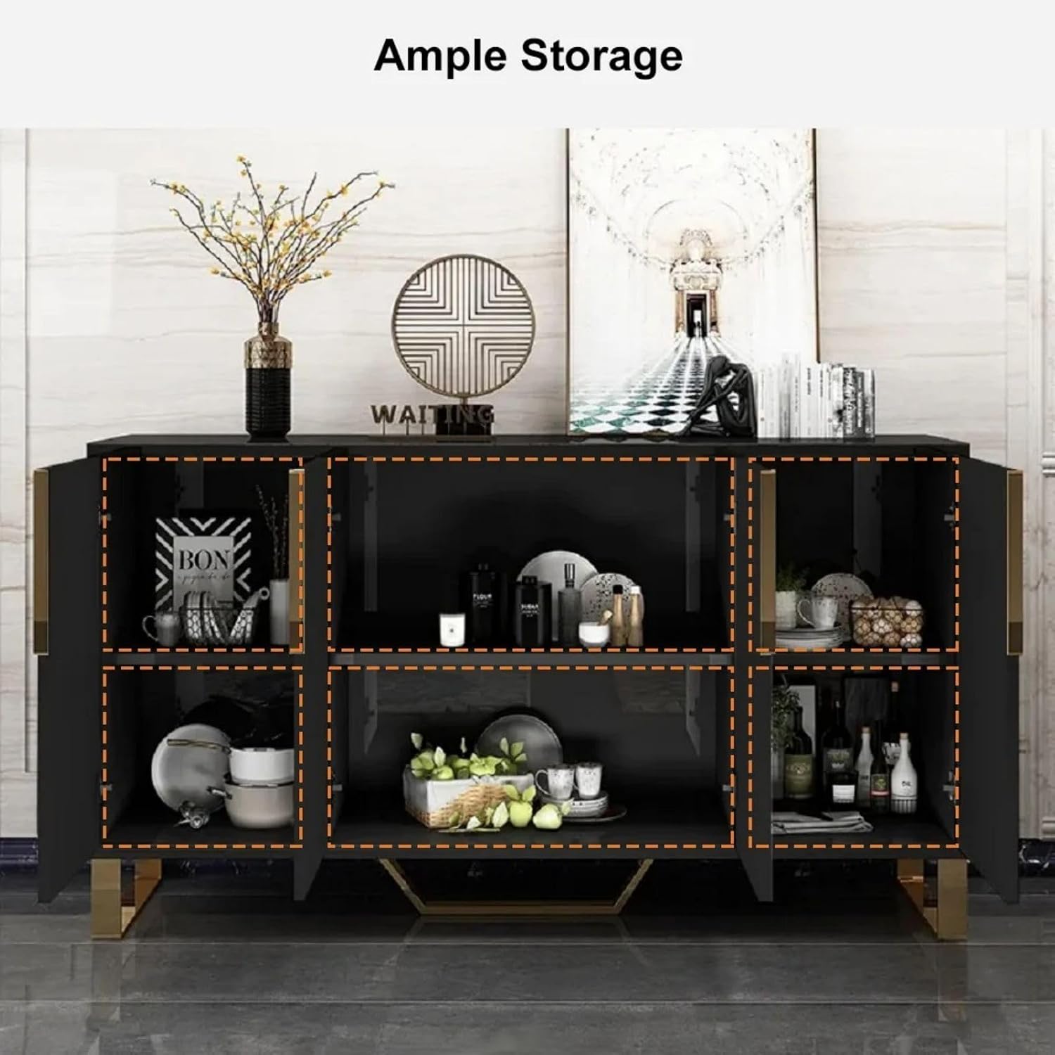 homary Modern 59" Buffet Cabinet Table with 4 Doors & 6 Shelves - Sideboard Cabinet for Dining Room, Kitchen (Black)