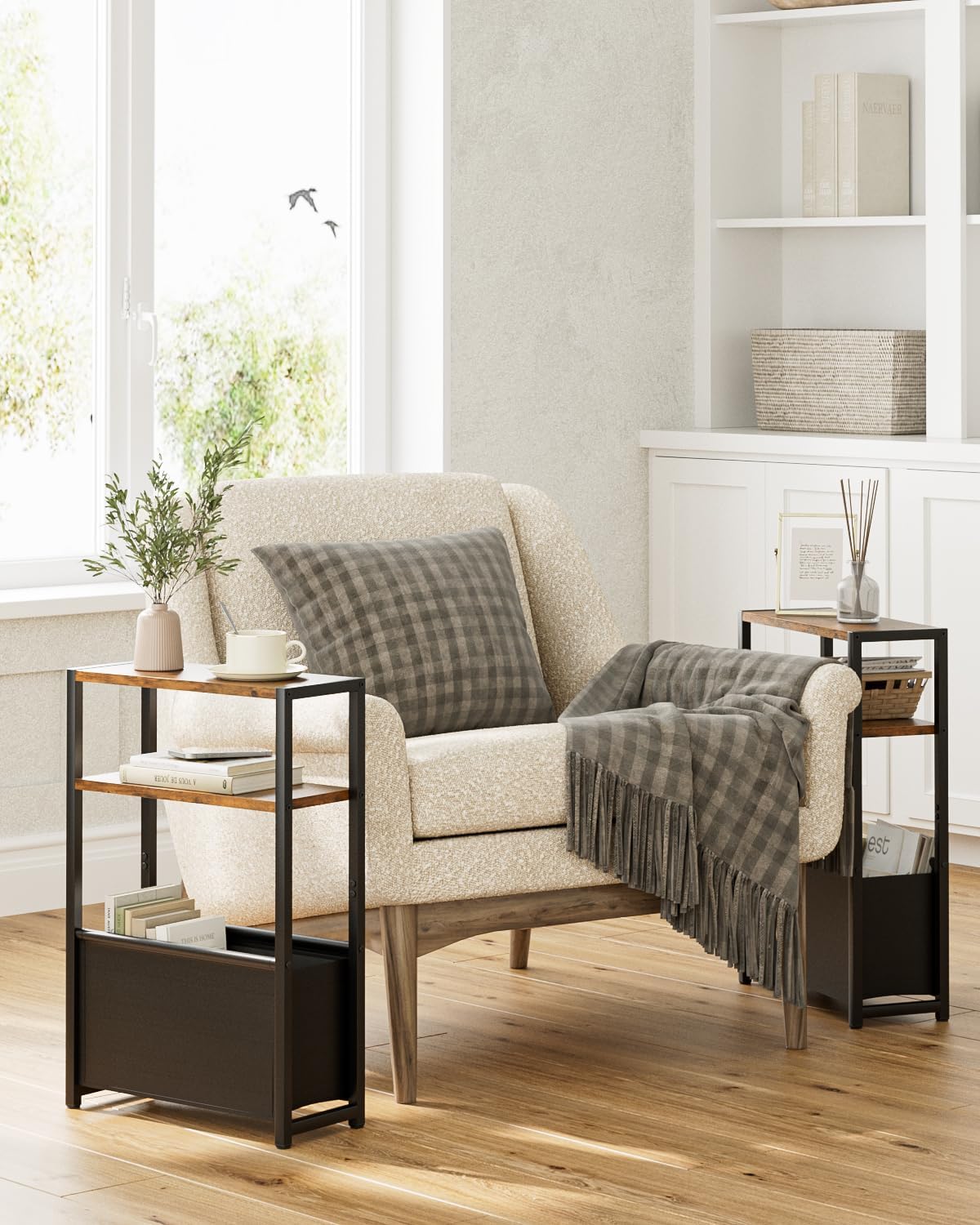 Narrow Side Table End Table, 3-Tier Side Table with Storage Bag, Narrow Nightstand for Small Spaces, Bedside Table for Living Room, Bedroom, Rustic Brown