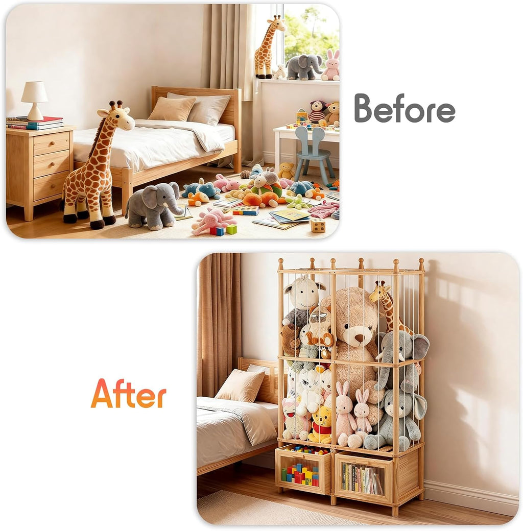 Stuffed Animal Storage with Two Wooden Drawers, 280L Extra Large Capacity Plush Toy Organizer Tower, Solid Wood Stuffed Animal Zoo Storage for Bedroom, Playroom&Home Organization