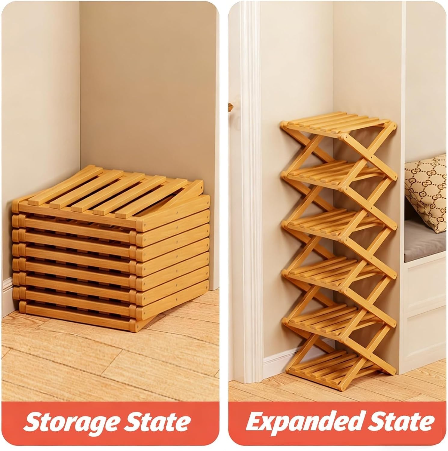 9-Tier Pre-Assembled Bamboo Storage Rack — A Space-Saving Shoe Organizer Perfect for Entryways, Closets, and Dorm Rooms.
