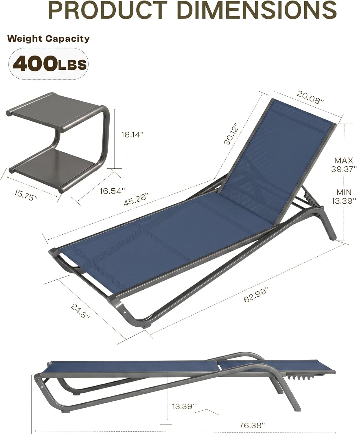 Outdoor Aluminum Textilene Chaise Lounge,2 Pieces Patio Lounge Chairs with Iron Side Table,6 Adjustable Positions, Stackable & Easy Assembly,400lbs Capacity,Breathable for Pool,Deck,Balcony,Navy Blue