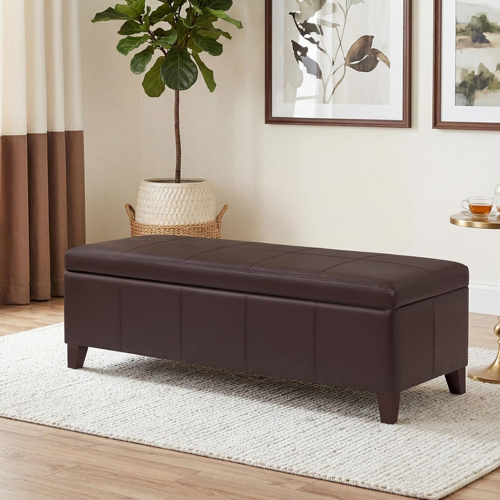51 Inch Storage Ottoman Bench, Faux Leather Foot Rest with Hinged Lid, Long Rectangle Bed Bench for Living Room, Bedroom, Entryway, Coffee Brown
