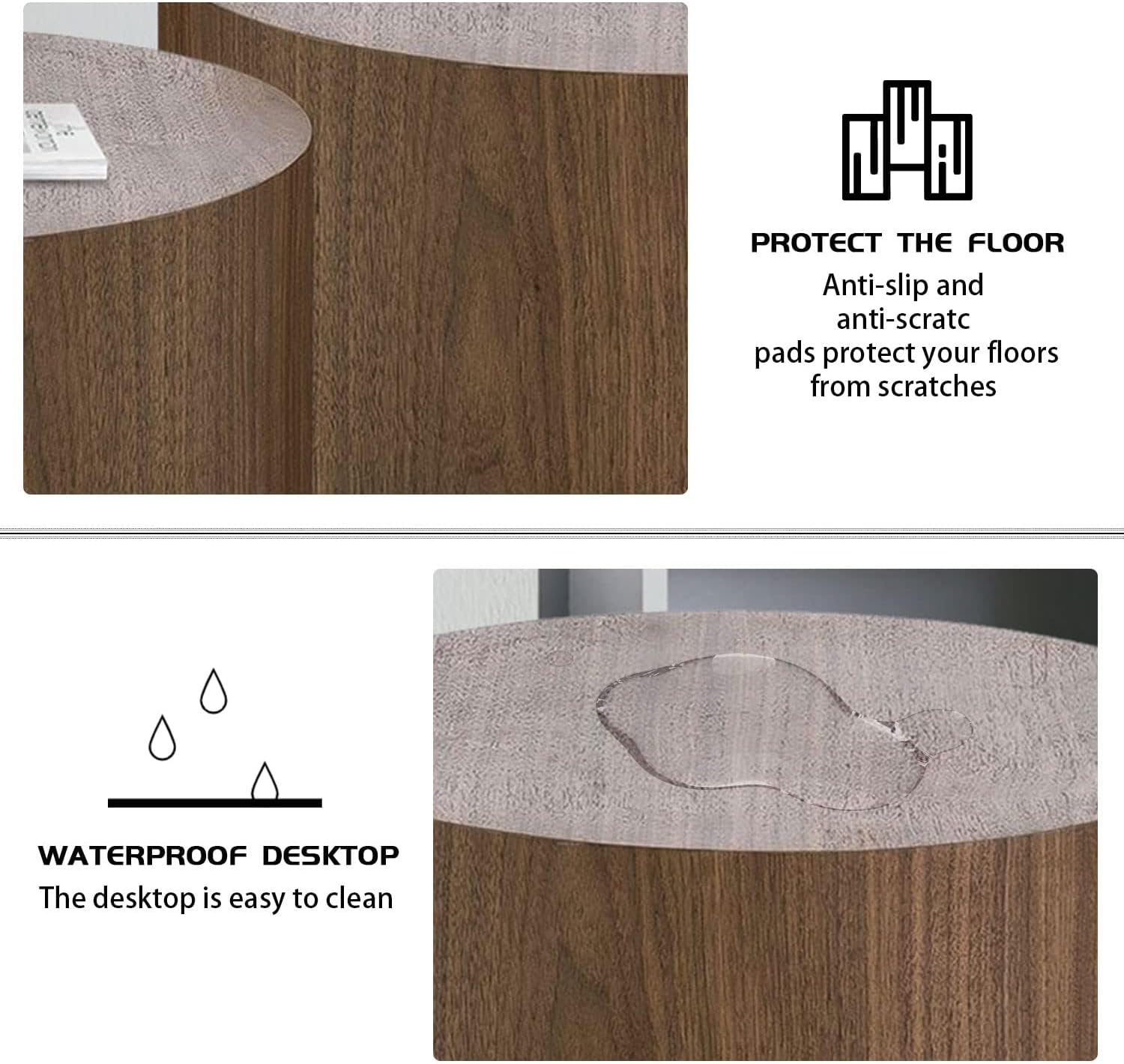 Nesting Coffee Table Set of 2, Wood Round Coffee Table, Modern Coffee Table for Small Space Living Room, Walnut