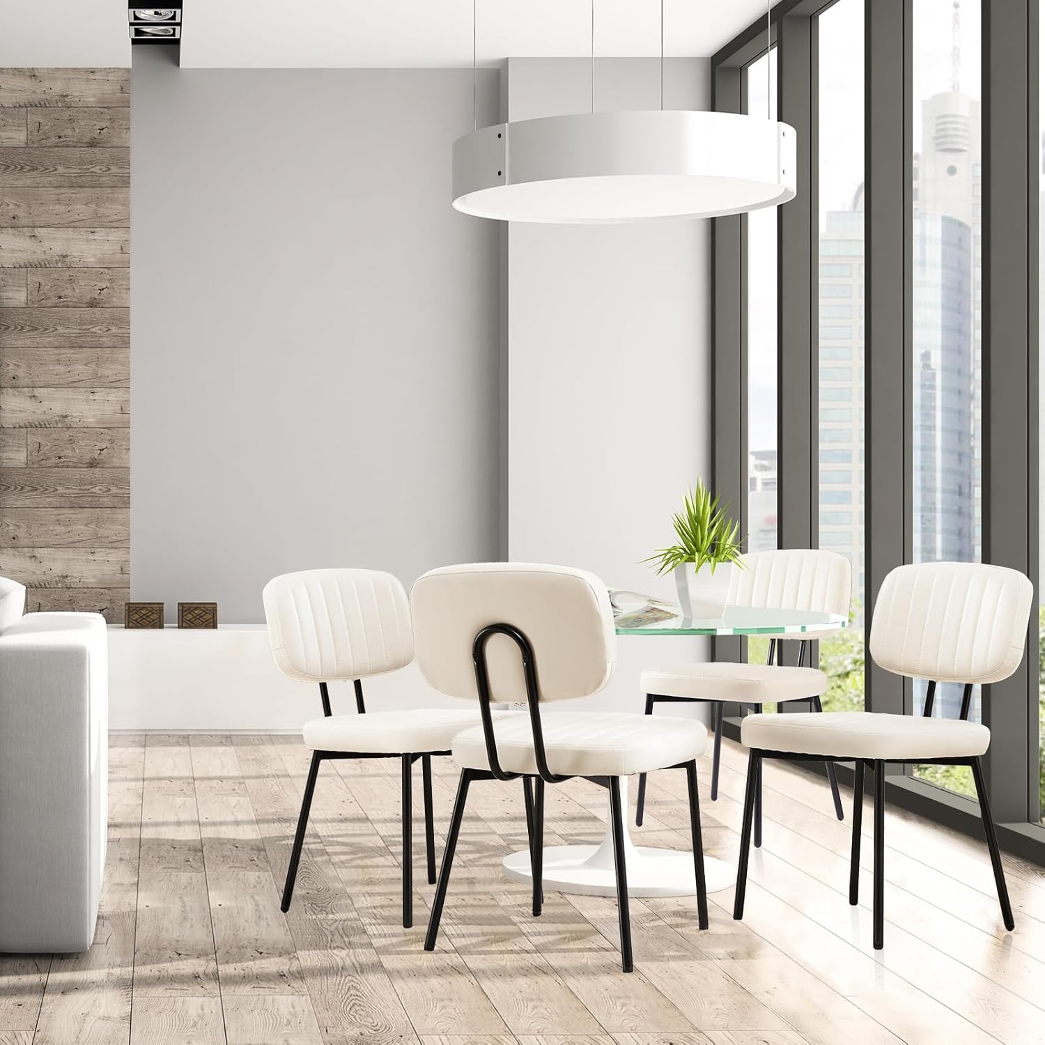 Sweetcrispy Dining Chairs Set of 2, Upholstered Mid Century Modern Kitchen Accent Chairs with Faux Leather Cushion Seat & Metal Legs for Home Office, Living Room-Beige White