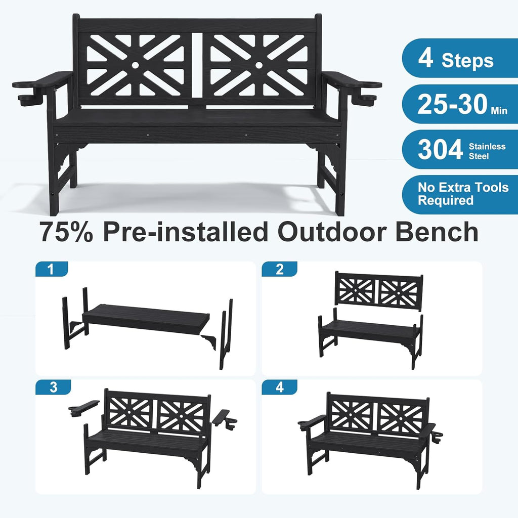Oversized Outdoor Bench with Cup Holders, 51.5” HDPE Aesthetic Garden Bench for 2 Person, Memorial Benches - Easy Assembly & All Weather, for Porch & Patio, 800lbs Load Capacity (Black, 1pc)
