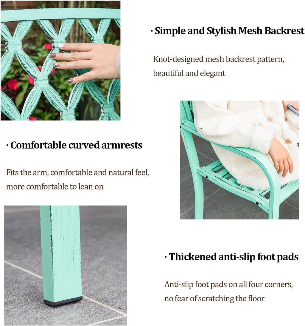 Outdoor Iron Metal Frame Bench with Knot-Pattern Mesh Back, Vintage Distressed 2 Person Seat with 105° Tilt & Curved Armrests, Weatherproof Garden Benches, for Lawn Backyard(White)