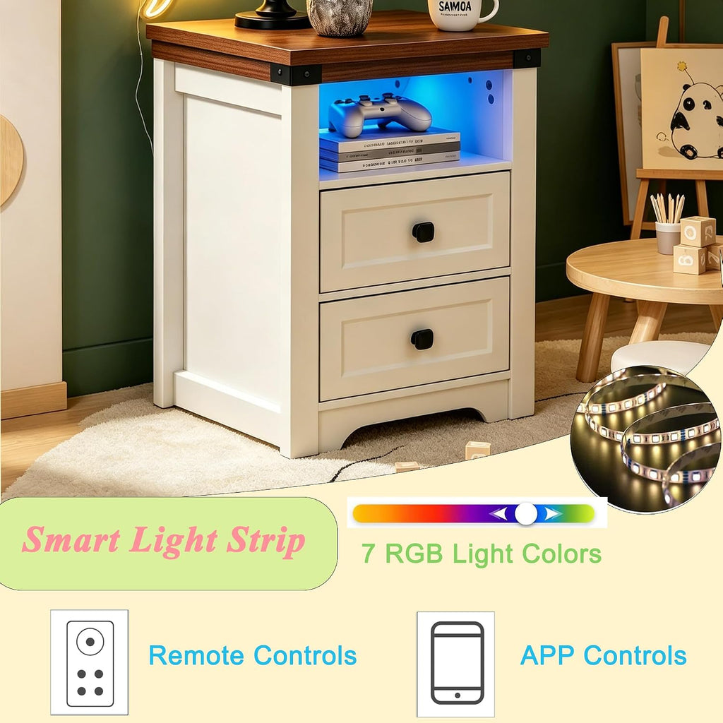 Farmhouse Night Stand with LED Lights,Charging Station, End Table with 2 Drawers & Open Shelf, Modern Bedside Table with USB Ports & Outlets, Side Table Wood for Bedroom Living Room, White
