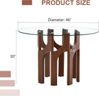 46" Round Tempered Glass Dining Table for 4-6, Mid-Century Modern Glass Dining Room Table with MDF Sculptural Base, Clear Kitchen Dinner Table for Small Space Home Apartment Dining Room,Walnut