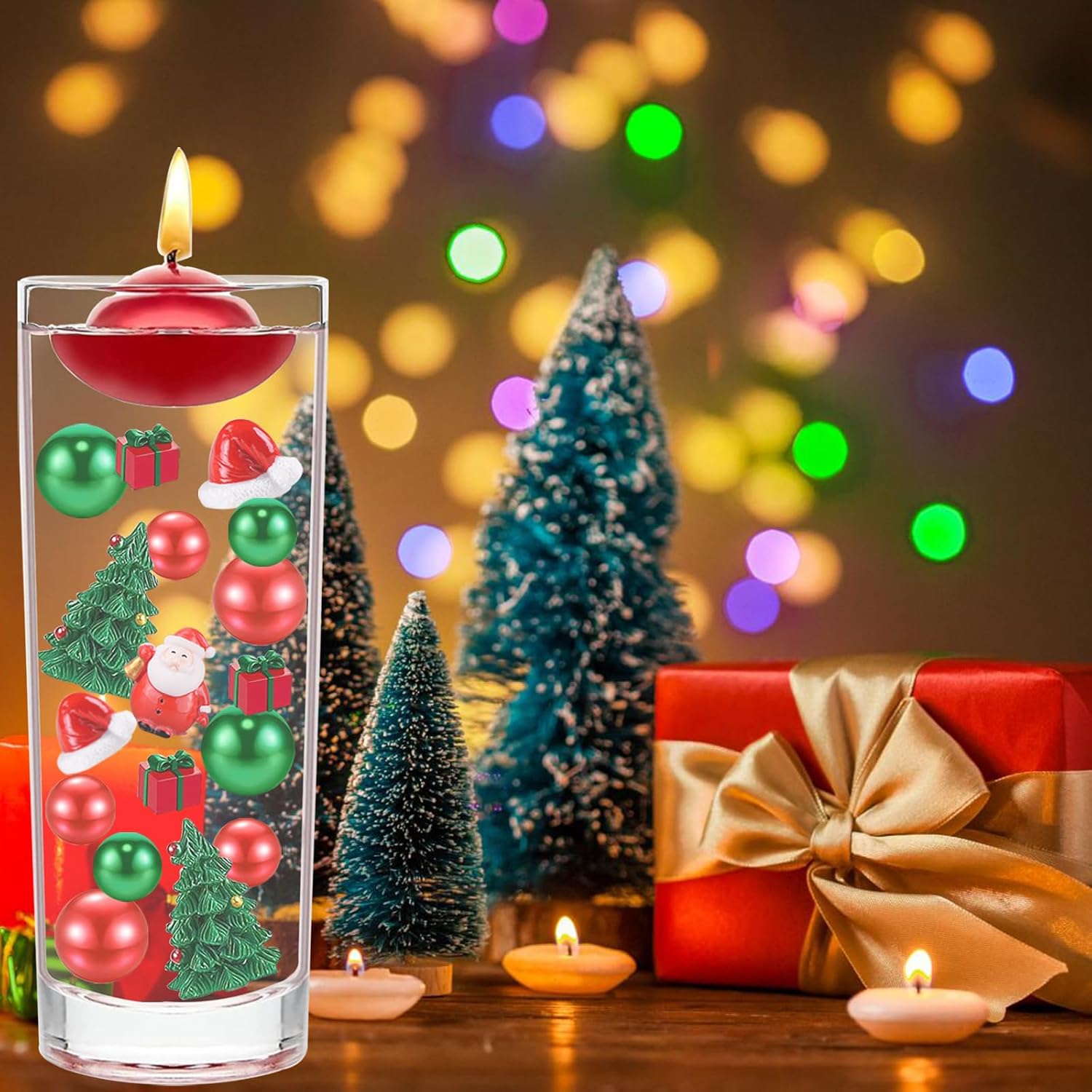 10066Pcs Christmas Vase Filler Decor Set Red Green Beads Santa Hat Christmas Trees Gift Boxes Vase Filler for Home Party Decoration