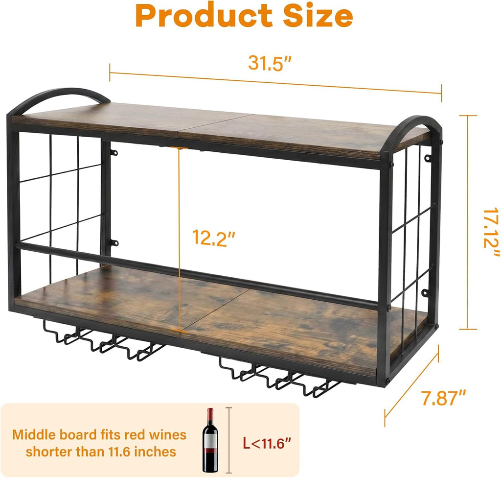 Wall Mounted Wine Rack, Floating Bar Shelf with 2 Tier Wood Shelves and Wine Glass Holder, Rustic Industrial Wine Storage Organizer for Kitchen Dining Room Home Bar (Model B)