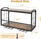 Wall Mounted Wine Rack, Floating Bar Shelf with 2 Tier Wood Shelves and Wine Glass Holder, Rustic Industrial Wine Storage Organizer for Kitchen Dining Room Home Bar (Model B)