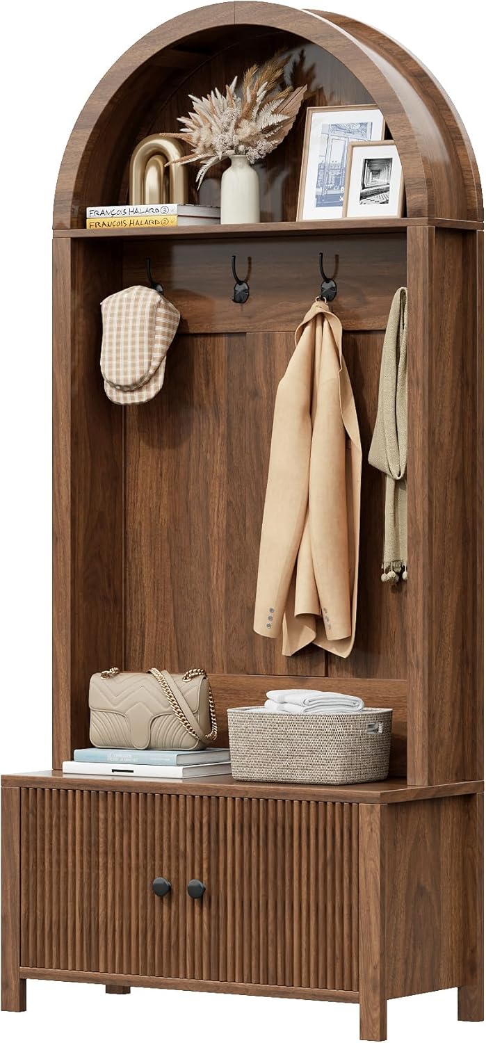 Hall Tree with Bench and Shoe Storage, Entryway Storage Bench with Coat Rack, 70.08" Tall Mudroom Rack with 4 Double Hooks and and 2 Fluted Doors, hall tree with storage for Hallway, Walnut