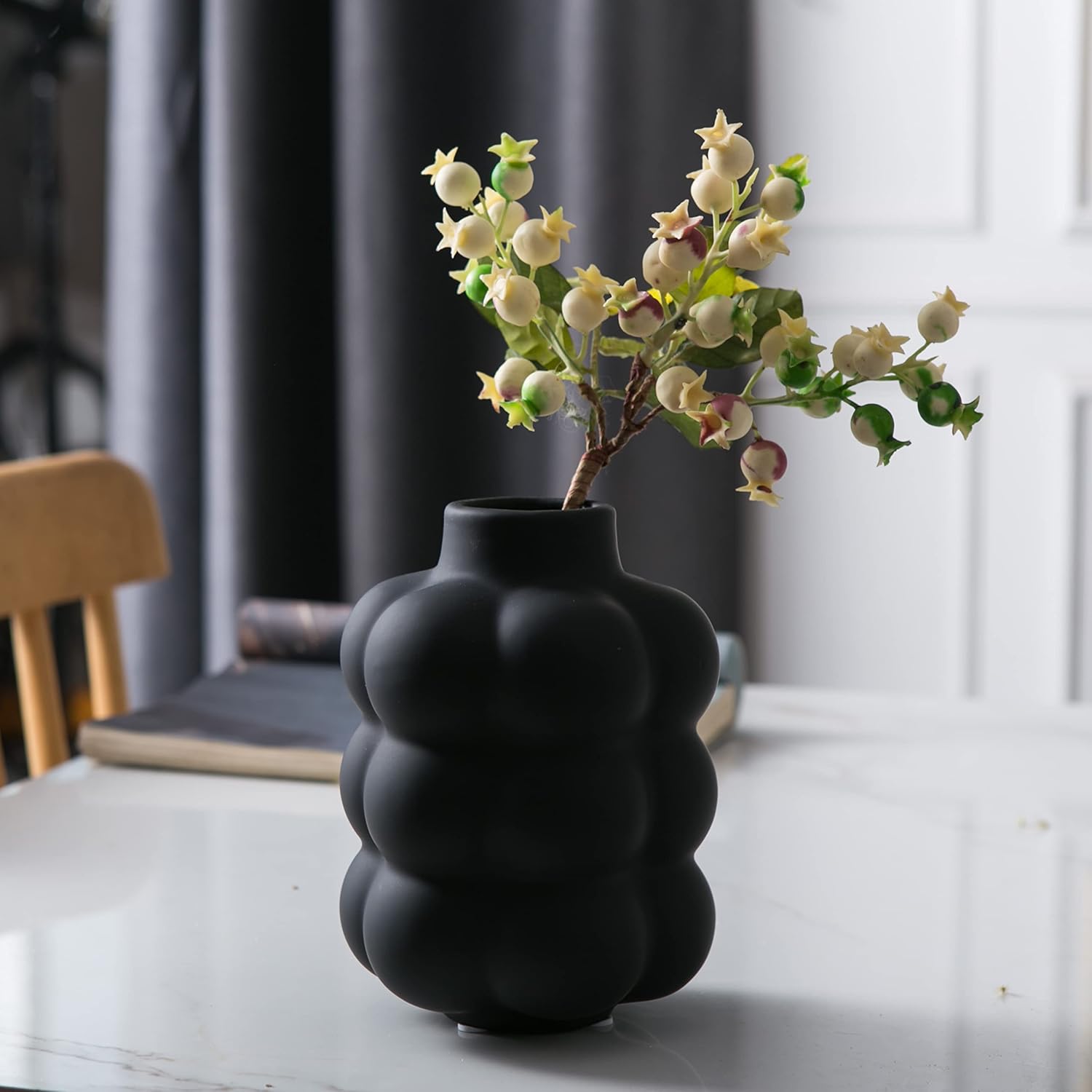 Mowtanco Black Ceramic Vase - Small Spherical Flower Vase for Centerpiece, Three Floors Design for Modern Home Decor, Boho Decorative Vase - 6.7" Tall