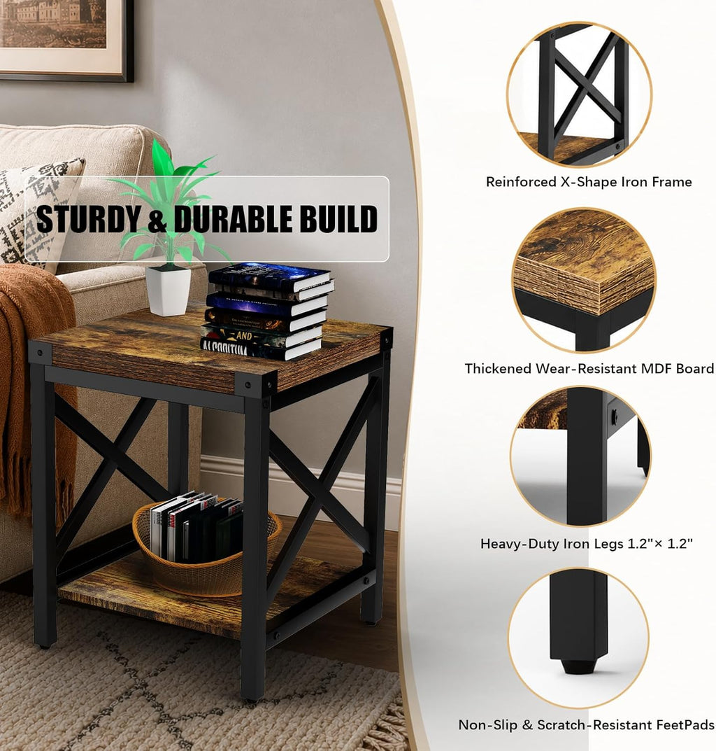 Industrial End Table for Living Room, 18" Large Square Side Table with 2-Tier Storage Shelf, X-Design Metal Frame, Rustic Brown Modern Farmhouse Nightstand Bedside Table for Bedroom Office