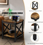 Industrial End Table for Living Room, 18" Large Square Side Table with 2-Tier Storage Shelf, X-Design Metal Frame, Rustic Brown Modern Farmhouse Nightstand Bedside Table for Bedroom Office