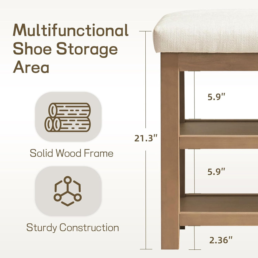 Zihanhome 2 Tier Shoe Rack Bench with Cushion, Solid Wood Shoe Benches, Mid-Century Modern Shoe Storage Bench for Entryway, Hallway, Living Room, Closet, Front Door Entrance, (Beige, 31.5")