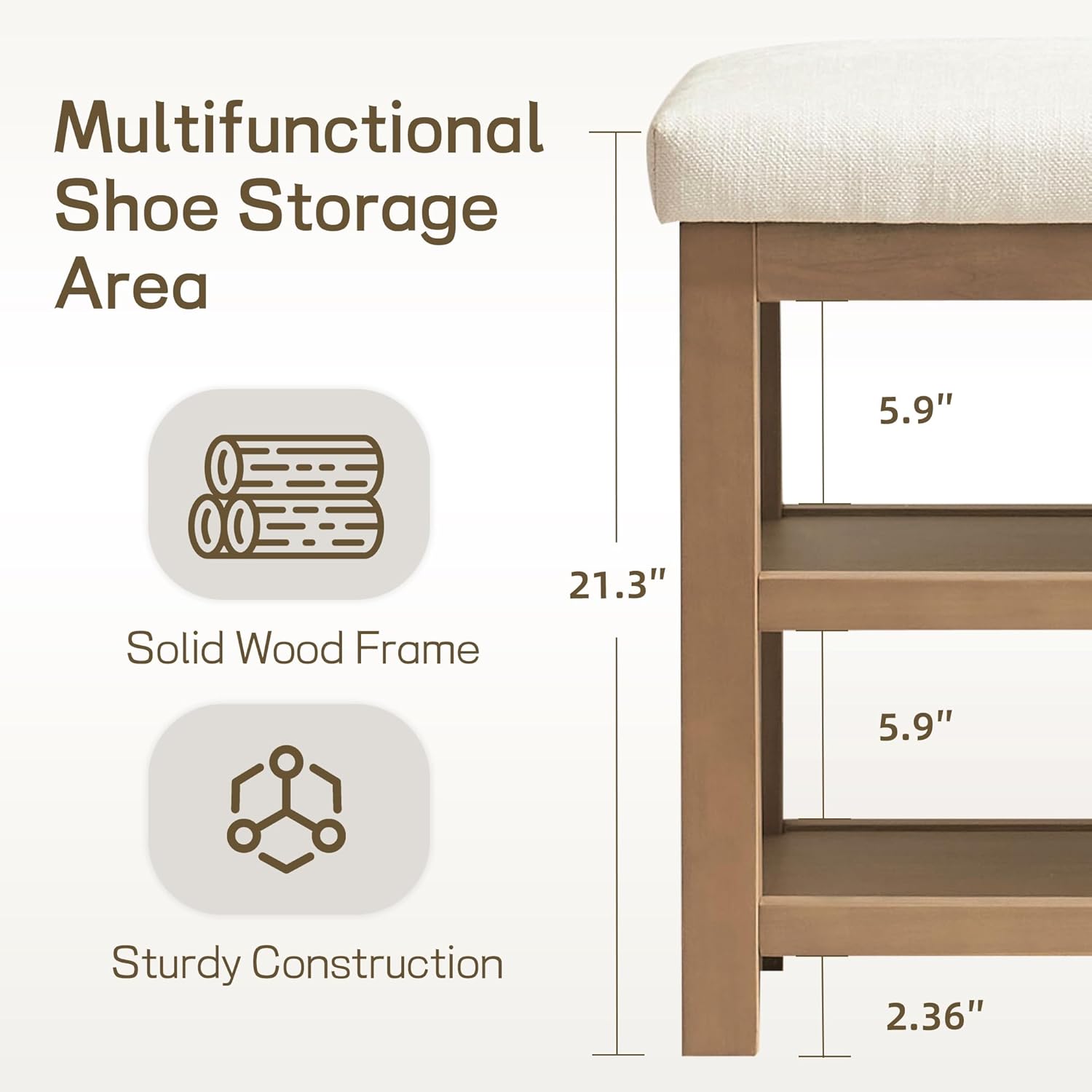 Zihanhome 2 Tier Shoe Rack Bench with Cushion, Solid Wood Shoe Benches, Mid-Century Modern Shoe Storage Bench for Entryway, Hallway, Living Room, Closet, Front Door Entrance, (Beige, 31.5")