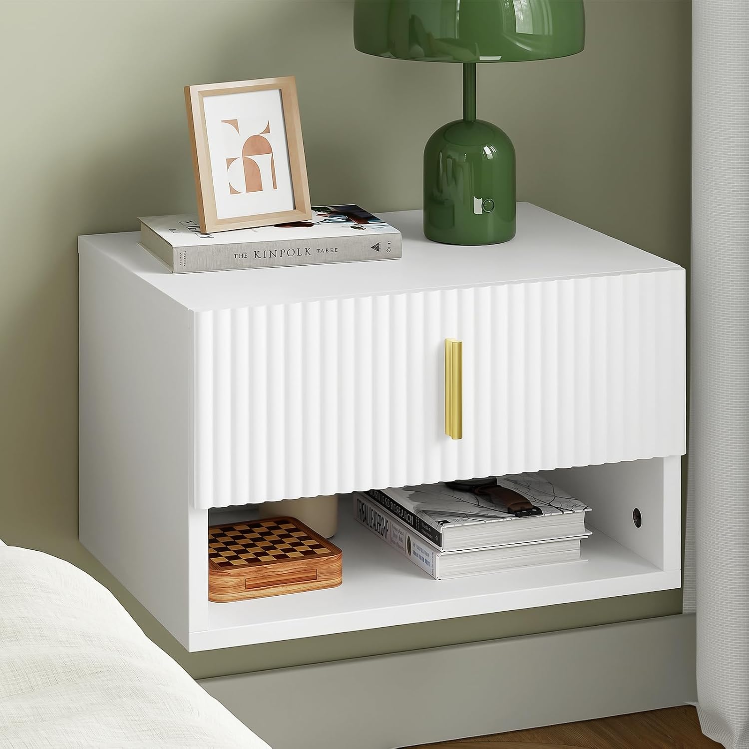 SoBuy Floating Nightstand with LED Sensor Light | Slim Wall Mounted Bedside Table with Drawer, Narrow White Nightstand for Bedrooms and Dorms, FBT176-E-