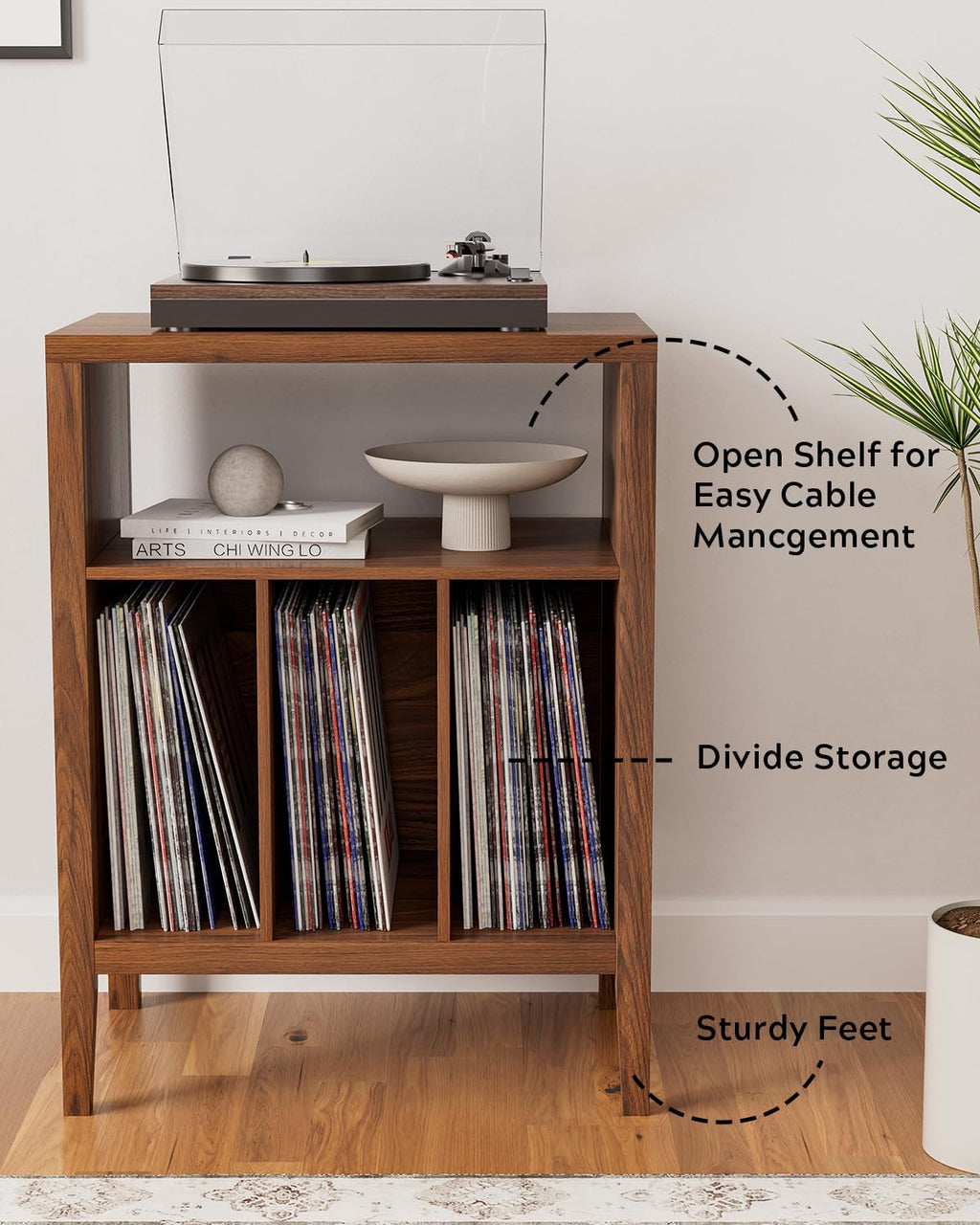EYYTHUNG Record Player Stand with Vinyl Record Storage Holds up to 180 Albums, Large Turntable Stand Dispaly Shelf, Farmhouse Wood End Table for Bedroom, Living Room, Brown
