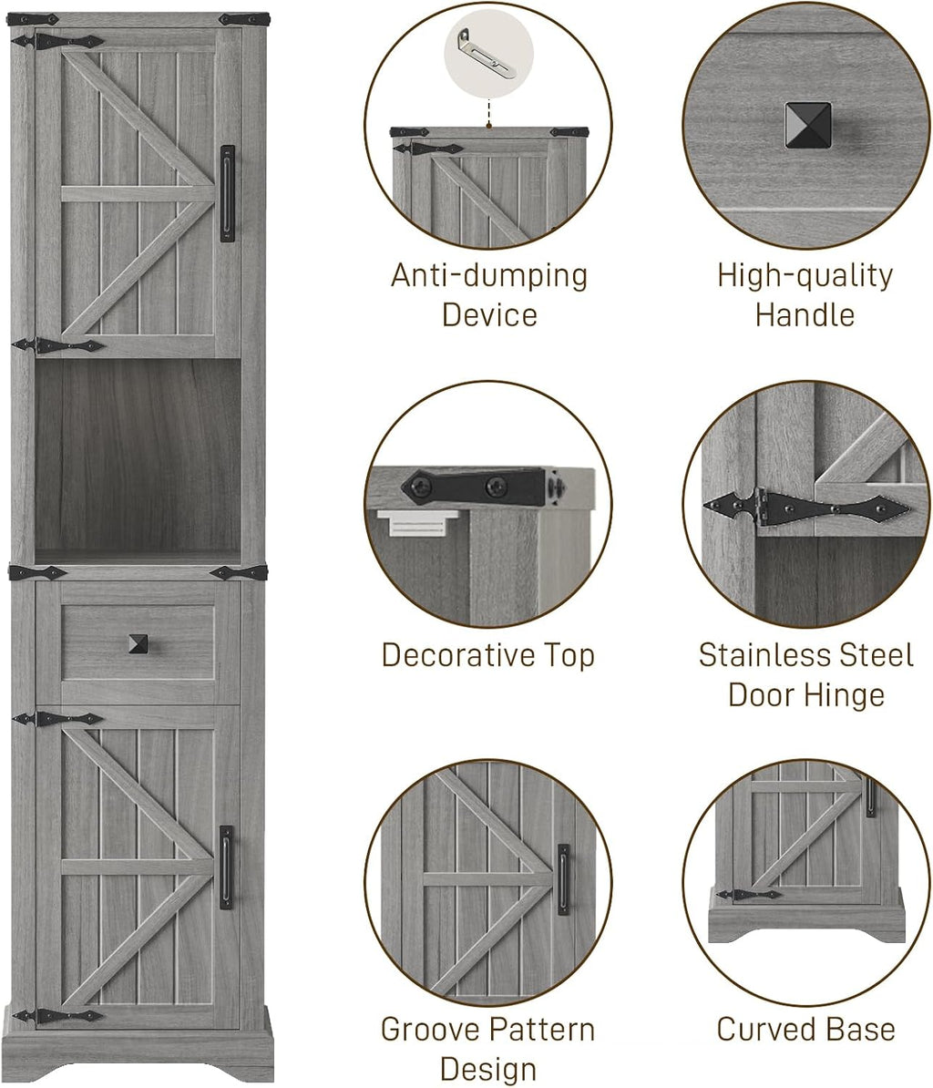 Vabches 66" Tall Farmhouse Bathroom Storage Cabinet with Barn Doors and Drawer, Narrow Storage Unit, Adjustable Shelves & 5-Tier Space, Freestanding Cabinet for Bathroom, Entryway, Kitchen, Wash Grey
