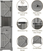 Vabches 66" Tall Farmhouse Bathroom Storage Cabinet with Barn Doors and Drawer, Narrow Storage Unit, Adjustable Shelves & 5-Tier Space, Freestanding Cabinet for Bathroom, Entryway, Kitchen, Wash Grey