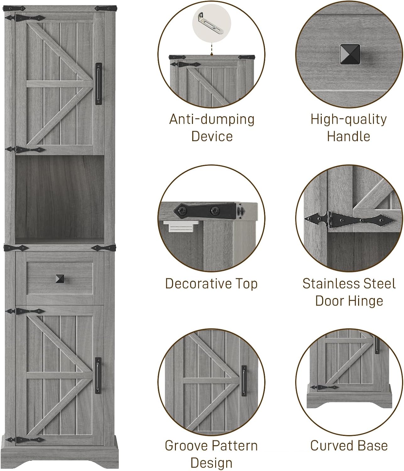 Vabches 66" Tall Farmhouse Bathroom Storage Cabinet with Barn Doors and Drawer, Narrow Storage Unit, Adjustable Shelves & 5-Tier Space, Freestanding Cabinet for Bathroom, Entryway, Kitchen, Wash Grey