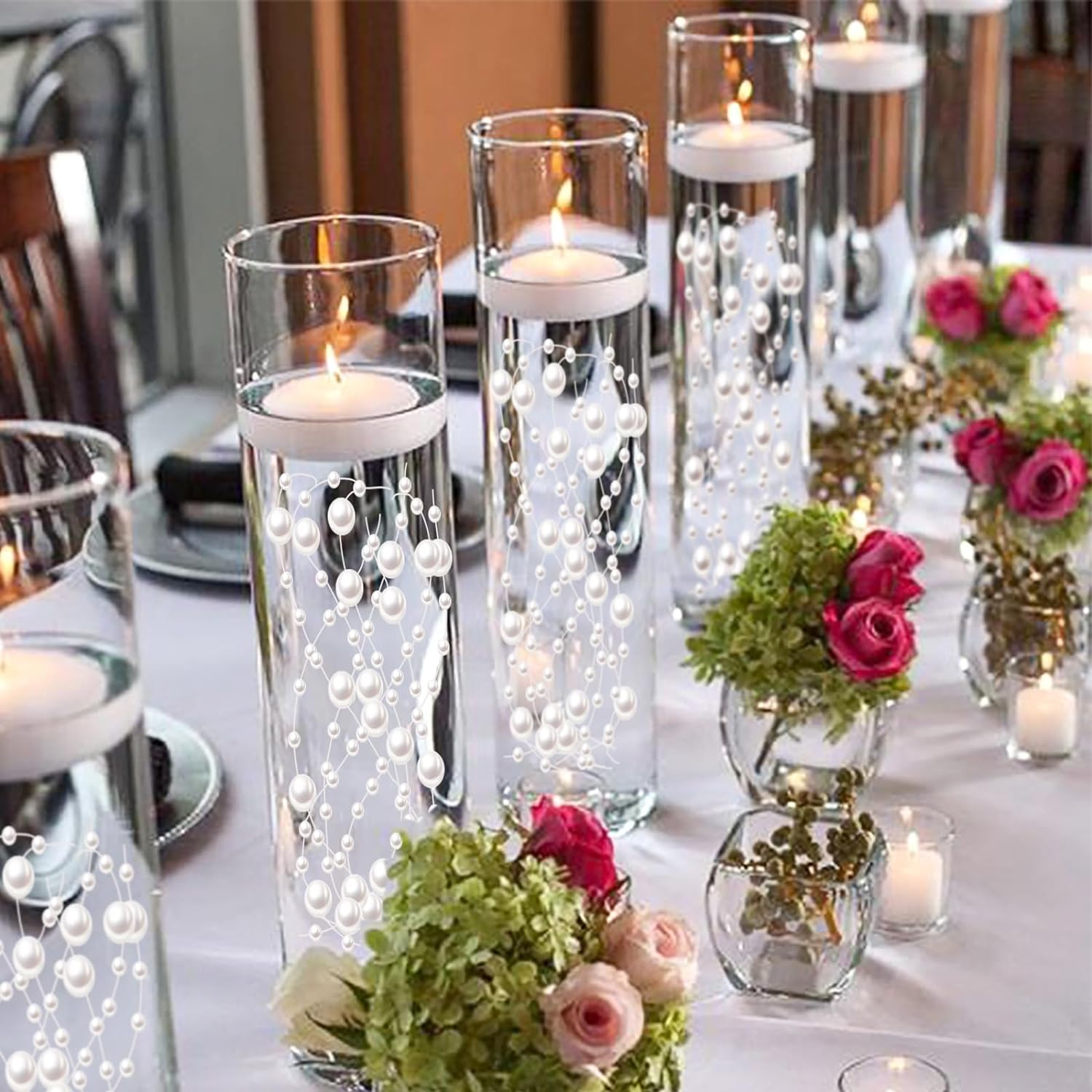 White Vase Filler for Floating Candles, 94ft Cuttable Faux Pearl Beads Strings Filler Cylinder Vases Centerpiece Table Decorations for Floating Effects, Wedding, Dining, Party, Celebration