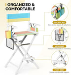 OmySalon Director's Chair 31" Height Folding Portable w/Storage Pouch & Footrest, Makeup Artist Chair for Salon, Events, Mobile, 250lb Capacity, White Wood Frame & Colorful Canvas Seat