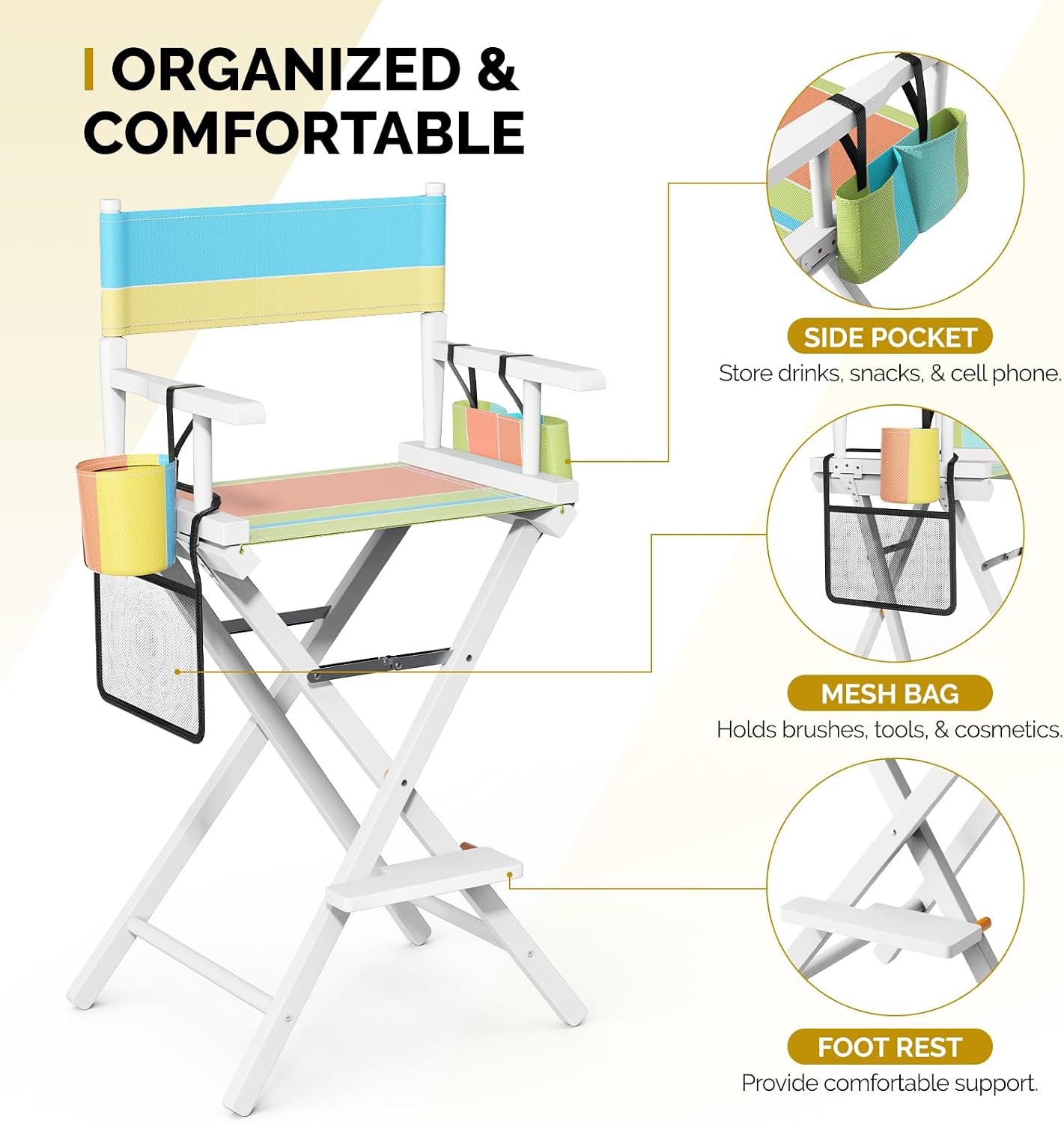 OmySalon Director's Chair 31" Height Folding Portable w/Storage Pouch & Footrest, Makeup Artist Chair for Salon, Events, Mobile, 250lb Capacity, White Wood Frame & Colorful Canvas Seat
