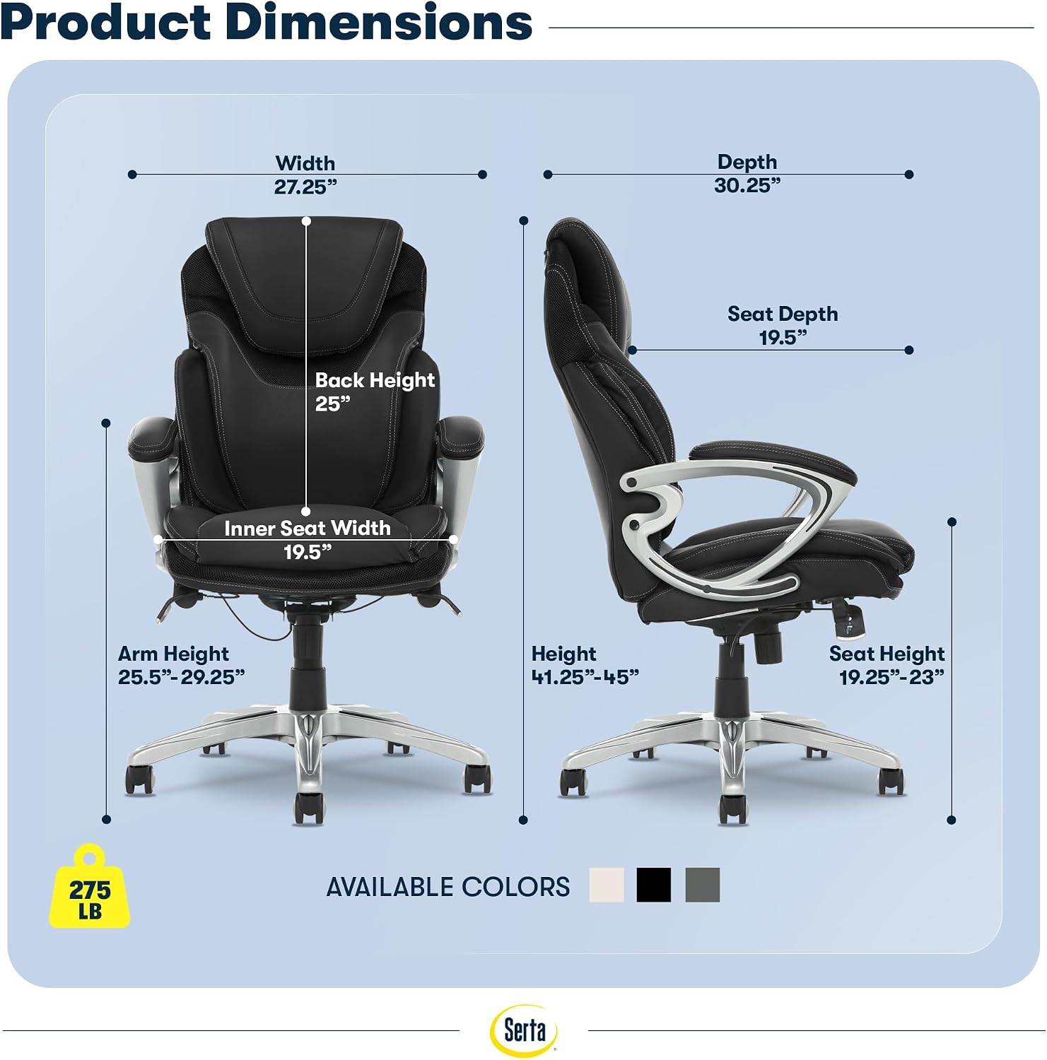 Serta Bryce Executive Office Chair - Ergonomic Computer DeskChair with Lumbar Technology - Adjustable Height - Memory Foam Body Pillows - 360° Swivel Rolling Base - Bonded Leather - Black