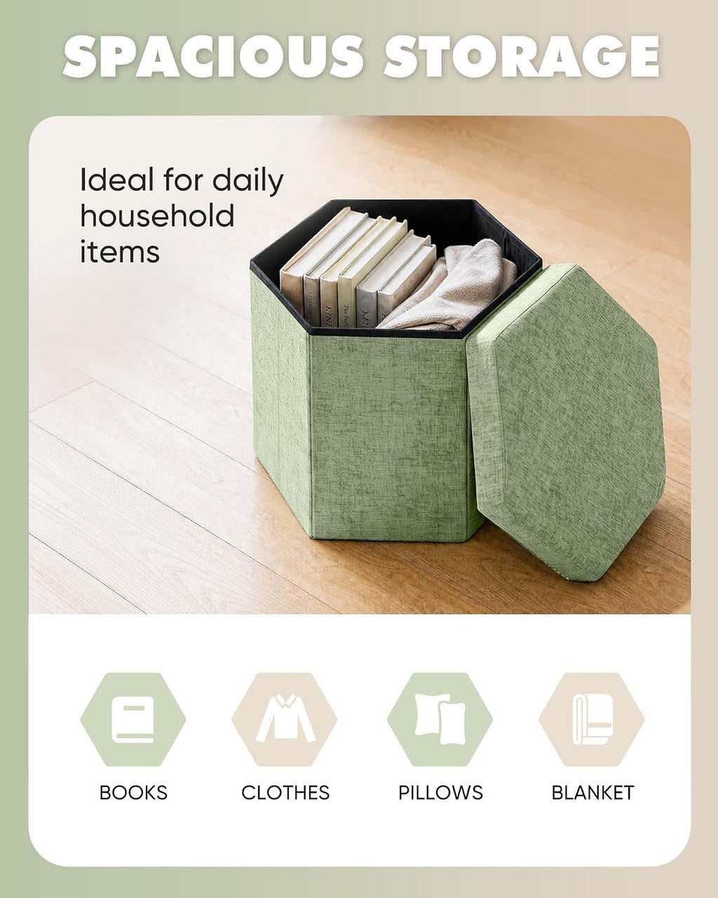 B FSOBEIIALEO Storage Ottoman Cube Hexagonal Pouf Ottomans, Foot Rest Seat for Sofa Footrest Entryway Shoe Footstool for Living Room/Bedroom/Entrway Chenille Green 16.93"x15"x15"