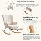 Furniliving Nursery Rocking Chair Modern Armchair Upholstered Glider Rocking Chair Accent Chair with Retractable Footrest Reading Chair with High Backrest Solid Wood Base for Bedroom, White, Teddy