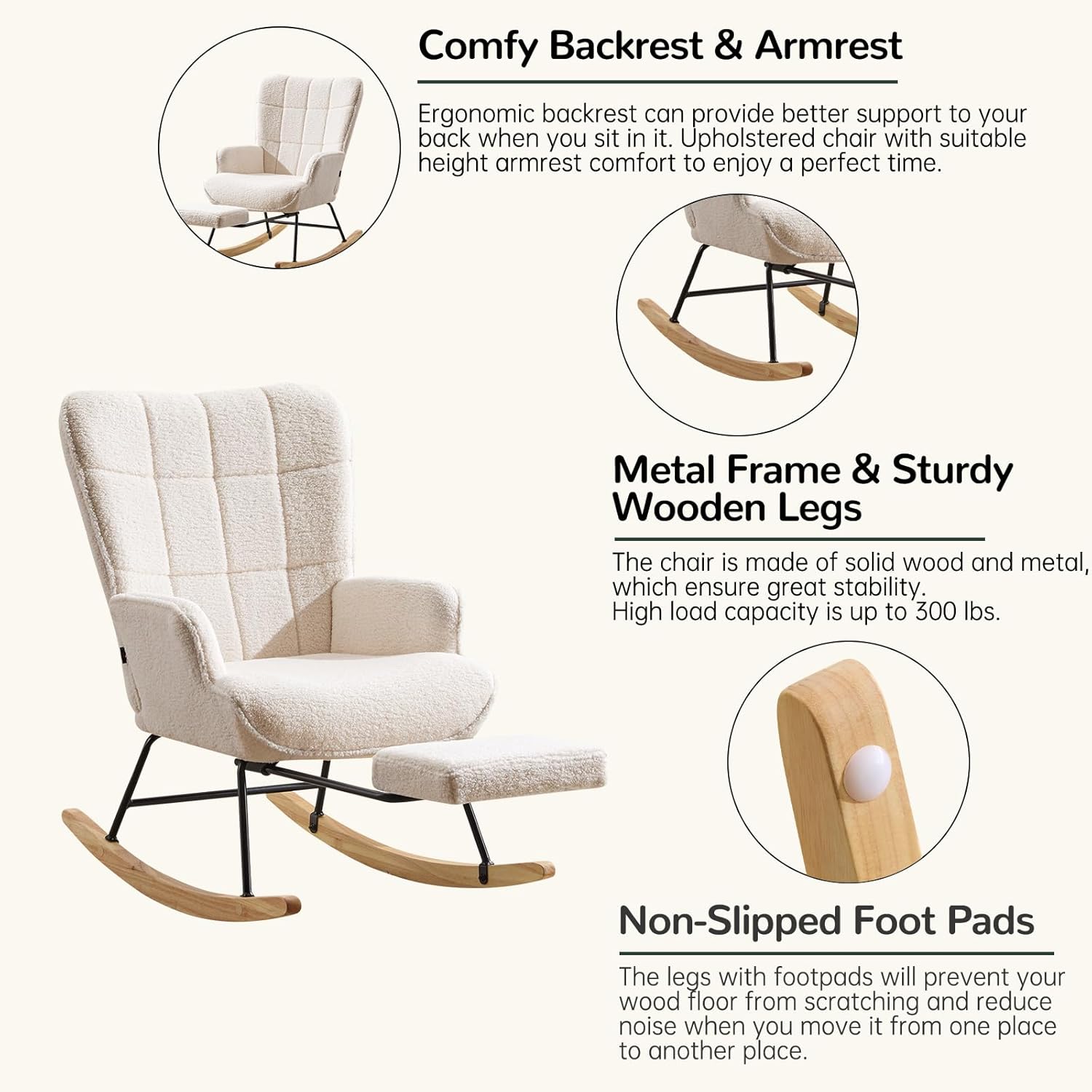 Furniliving Nursery Rocking Chair Modern Armchair Upholstered Glider Rocking Chair Accent Chair with Retractable Footrest Reading Chair with High Backrest Solid Wood Base for Bedroom, White, Teddy
