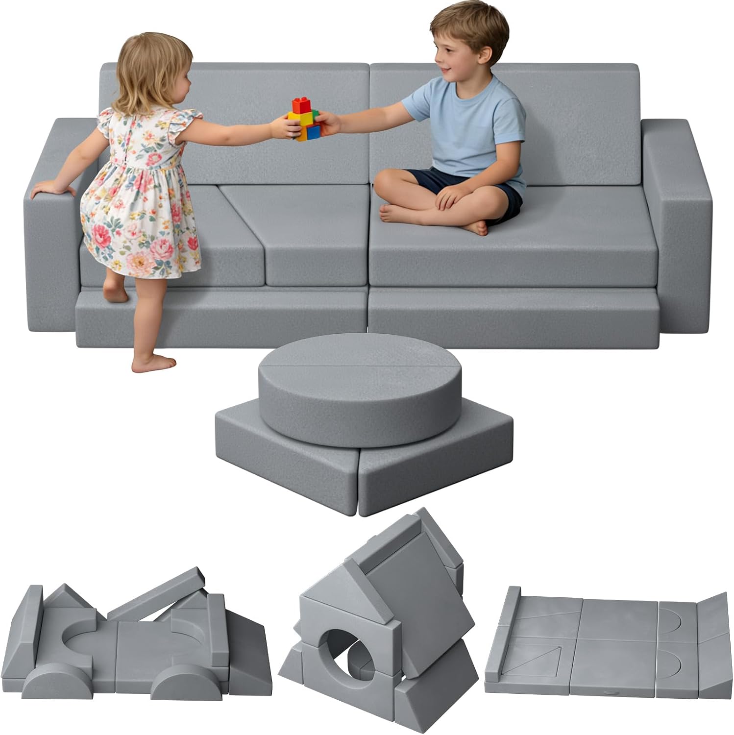 15pcs Unique Modular Kids Play Couch - Convertible Foldable Toddler Sofa Bed with Removable Crystal Velvet Cover, Safe Couches Kids Furniture for Playroom & Bedroom, for Boys and Girls