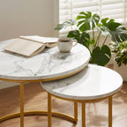 Round Nesting Coffee Table Set of 2, Modern Marble Pattern Wooden Nesting Tables, Stacking Minimalist End Table for Living Room Bedroom Small Space, (Glod Leg+White top)