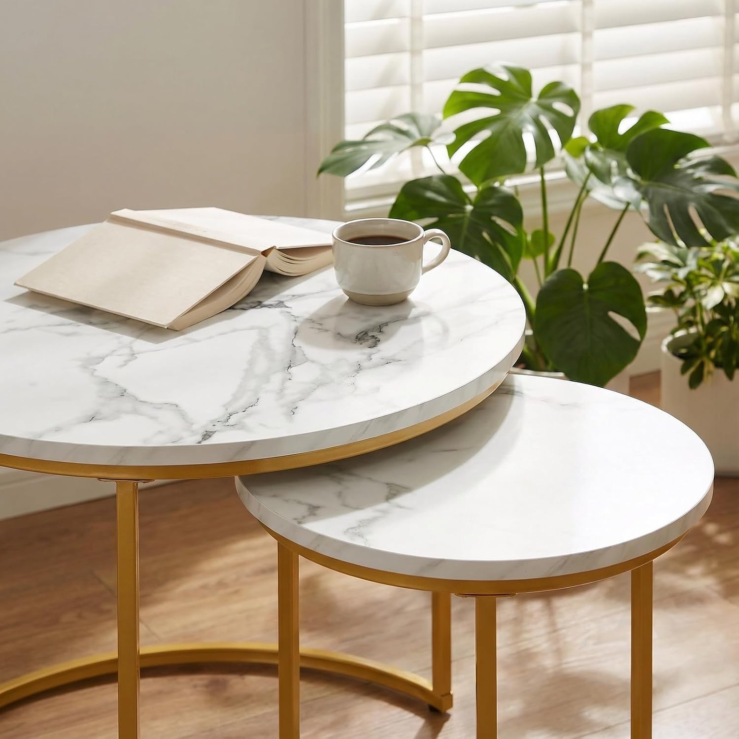 Round Nesting Coffee Table Set of 2, Modern Marble Pattern Wooden Nesting Tables, Stacking Minimalist End Table for Living Room Bedroom Small Space, (Glod Leg+White top)
