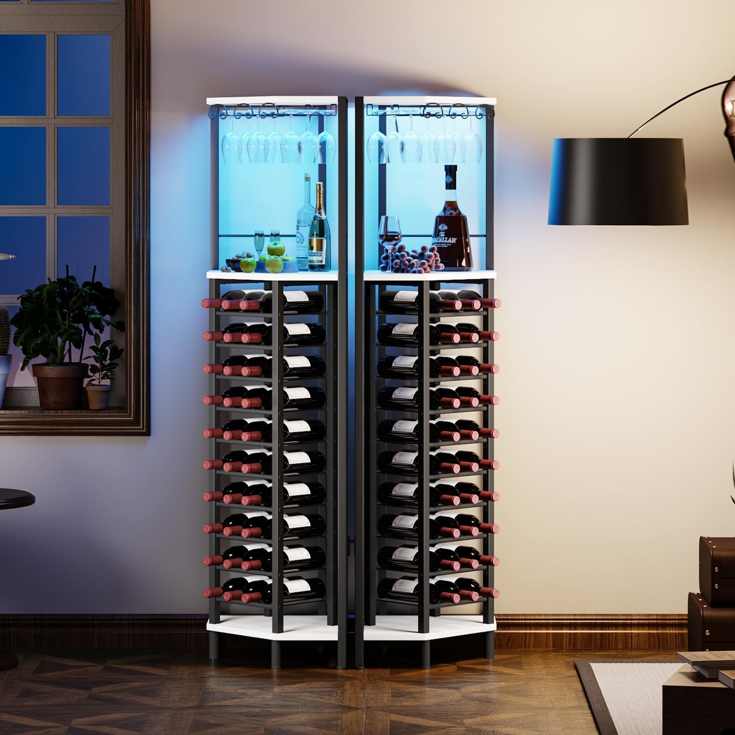 Homeiju Corner Wine Rack with Glass Holder and Led Strip Light, Corner Bar Wine Racks Freestanding Floor, Industrial Corner Bar Cabinet for Kitchen, Dining Room, Living Room or Cellar