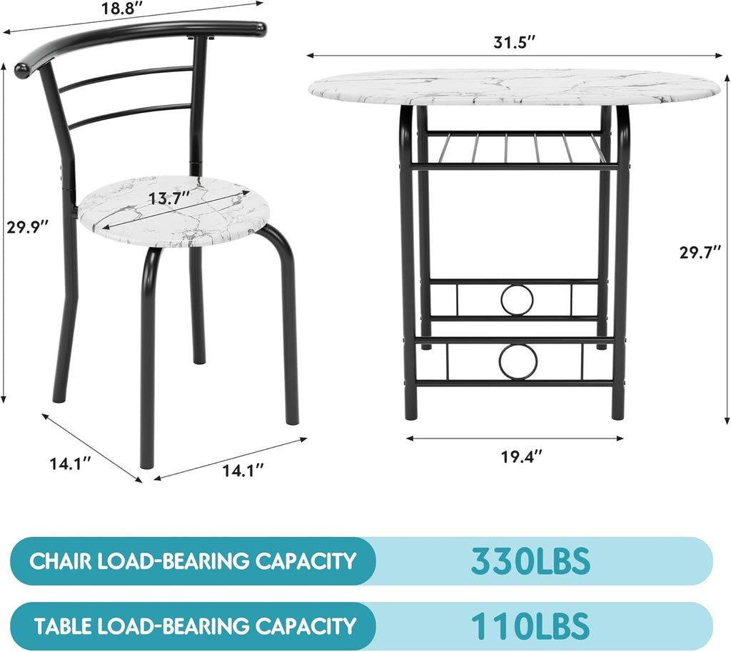 Flamaker Dining Table for 2, 3 Piece Round Table & Chair Set, Small Kitchen Table for Breakfast Nook, Wood Grain Tabletop & Built-in Storage Rack, Space Saving for Kitchen, Dining Room (White & Black)