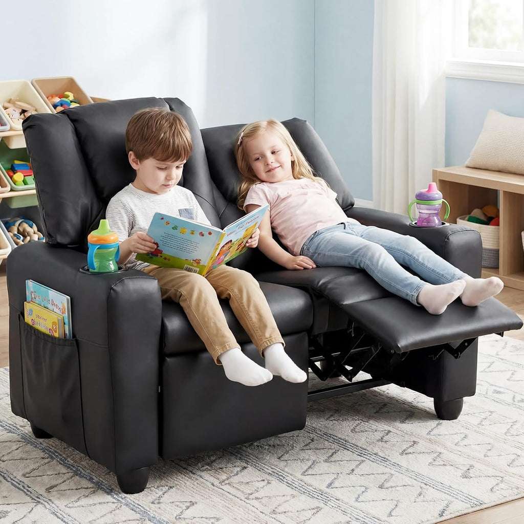 Costzon 2-Seater Kids Recliner, PU Leather Kids Loveseat w/2 Cup Holders & 2 Side Storage Pockets, Toddler Lounge Sofa Chair Couch w/Adjustable Backrest & Footrest for Girls & Boys 3+ Years Old Gifts