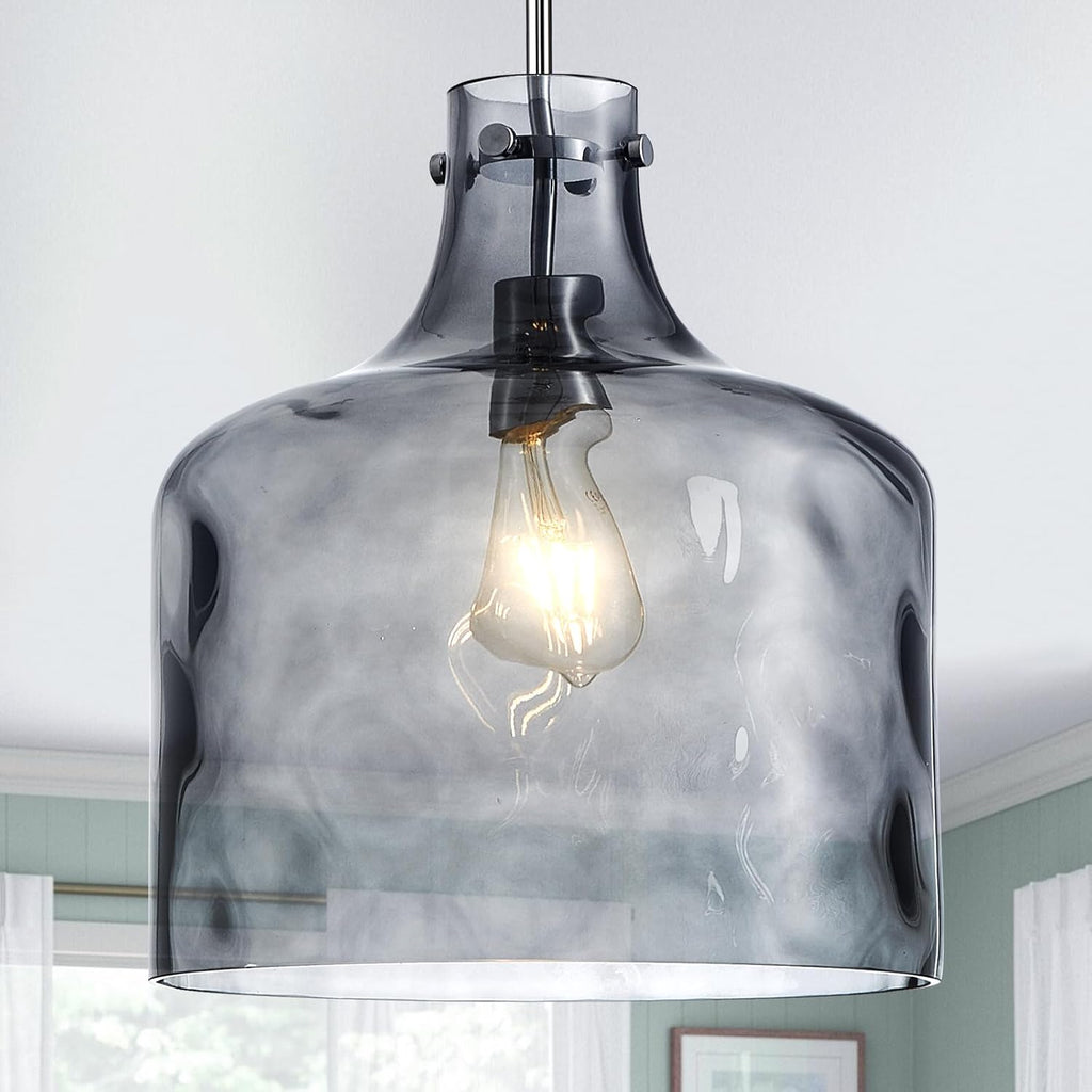 CATINER 16" Extra Large Farmhouse Pendant Light – Hand-Blown Smoked Gray Hammered Glass Shade, Polished Chrome Finish, Adjustable Chain Hanging Light Fixture for Kitchen Island, Dining Room, Hallway