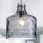 CATINER 16" Extra Large Farmhouse Pendant Light – Hand-Blown Smoked Gray Hammered Glass Shade, Polished Chrome Finish, Adjustable Chain Hanging Light Fixture for Kitchen Island, Dining Room, Hallway