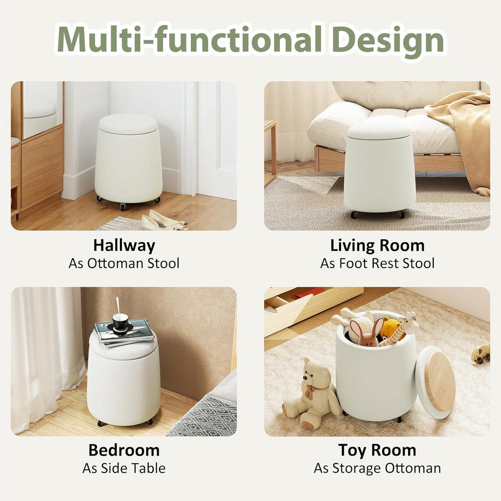 Storage Ottoman with Wheels, 15“W Swivel Rolling Foot Stool Boucle Terry Fabric Coffee Table Ottoman with Hidden Storage, Round Vanity Stools for Makeup Room Living Room Bedroom Entryway Dorm, Beige