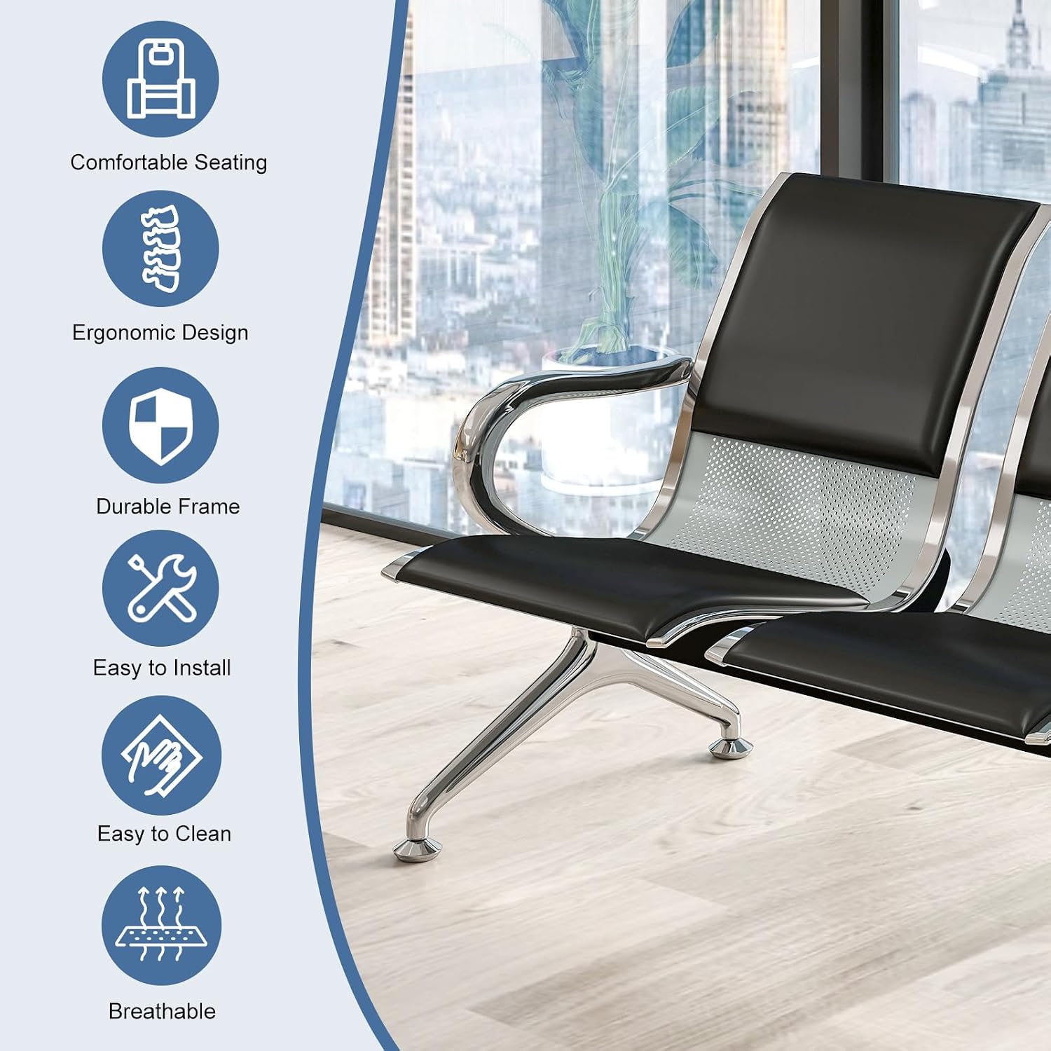 kinbor 2-Seat Waiting Room Chairs with Arms - Set of 3 Modern PU Leather Reception Bench for Airport, Hospital, Office Lobby - Breathable Mesh & Durable Steel Waiting Area Furniture (Black)