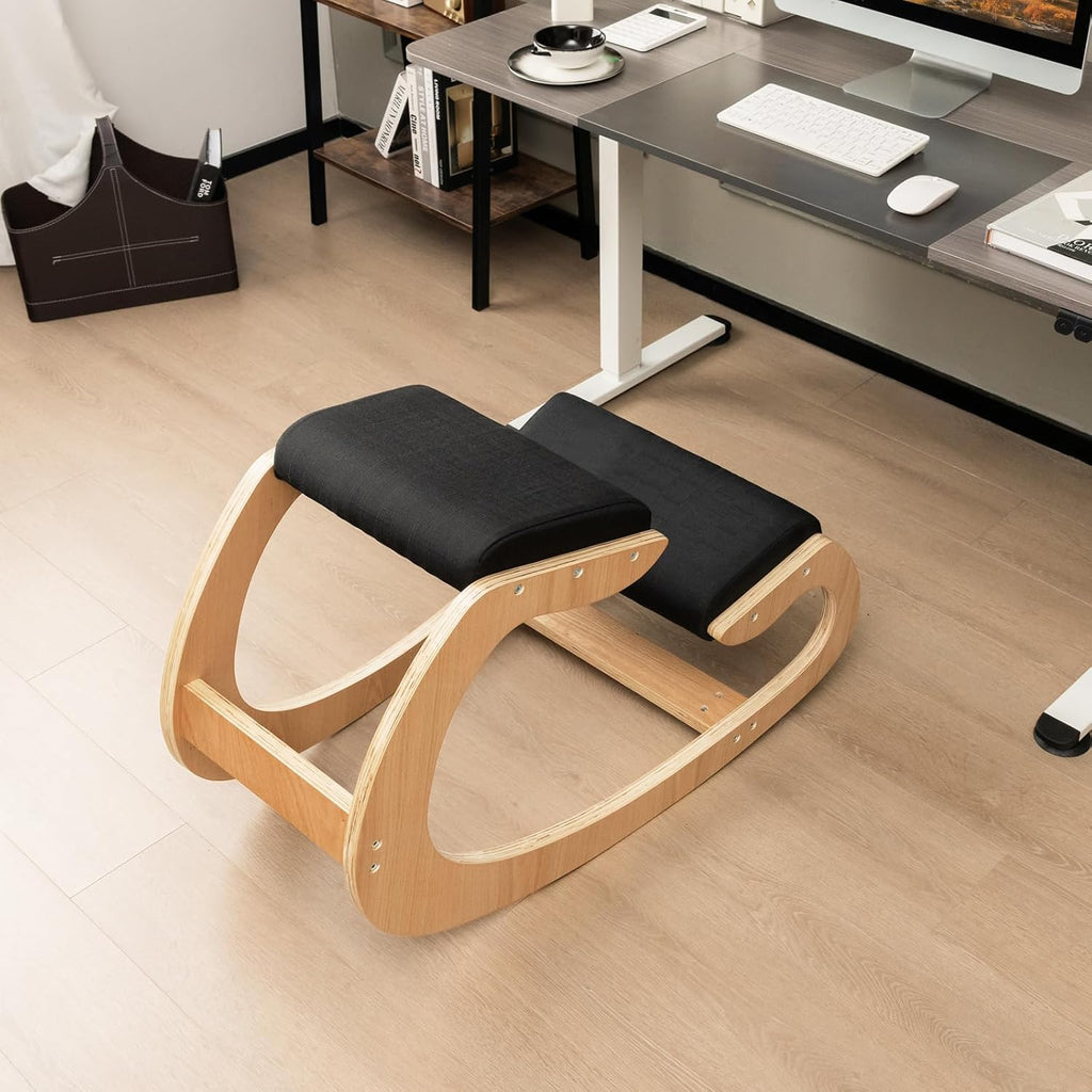 Giantex Ergonomic Kneeling Desk Chair, Rocking Knee Chair with Cushion & Solid Wood Frame, Natural Relief for Neck or Back Pain, Posture Chair for Desk, Home, Office, Max Load 330 Lbs (Black)