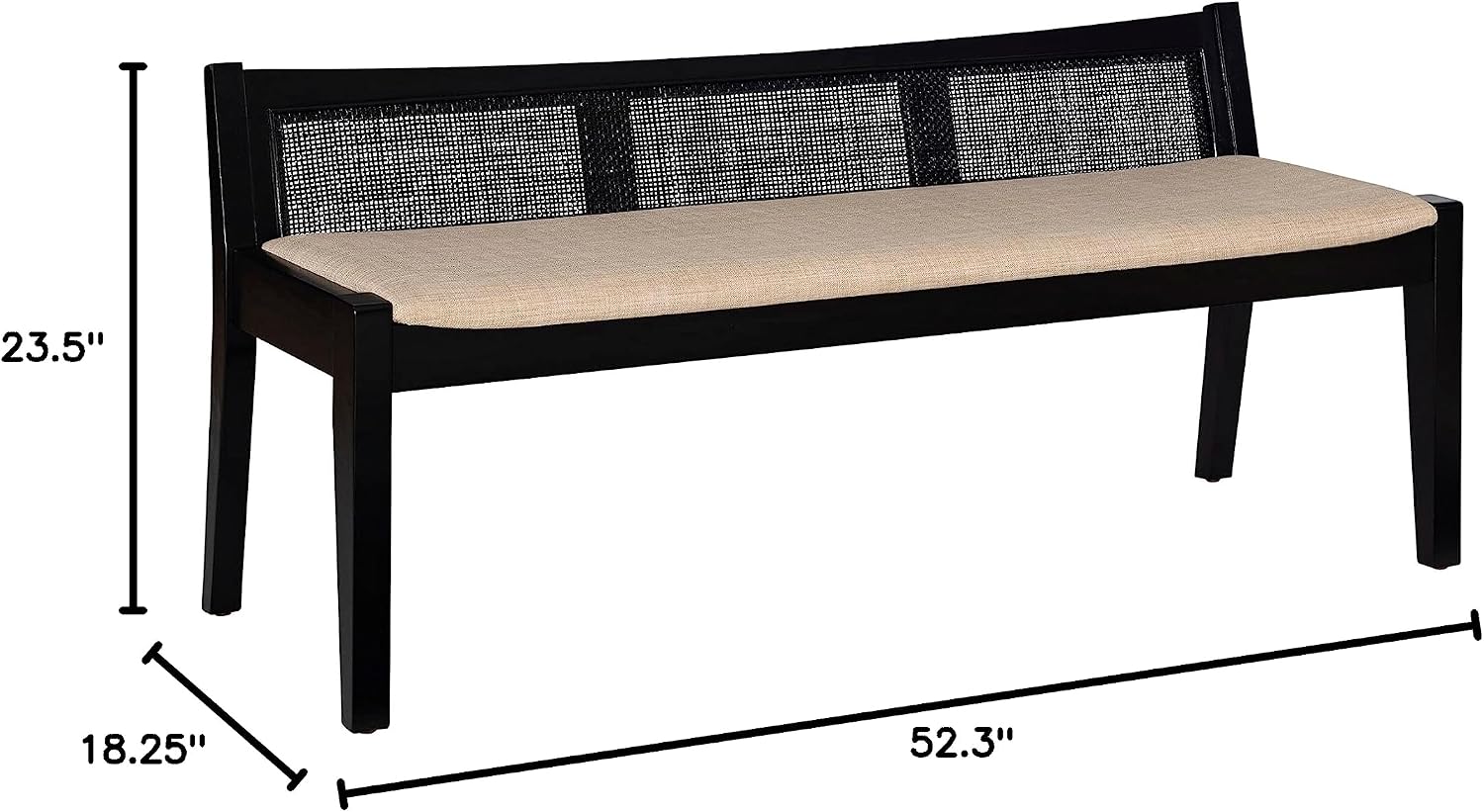Powell Kasi Black Low Back Cane Bench with Beige Upholstered Seat