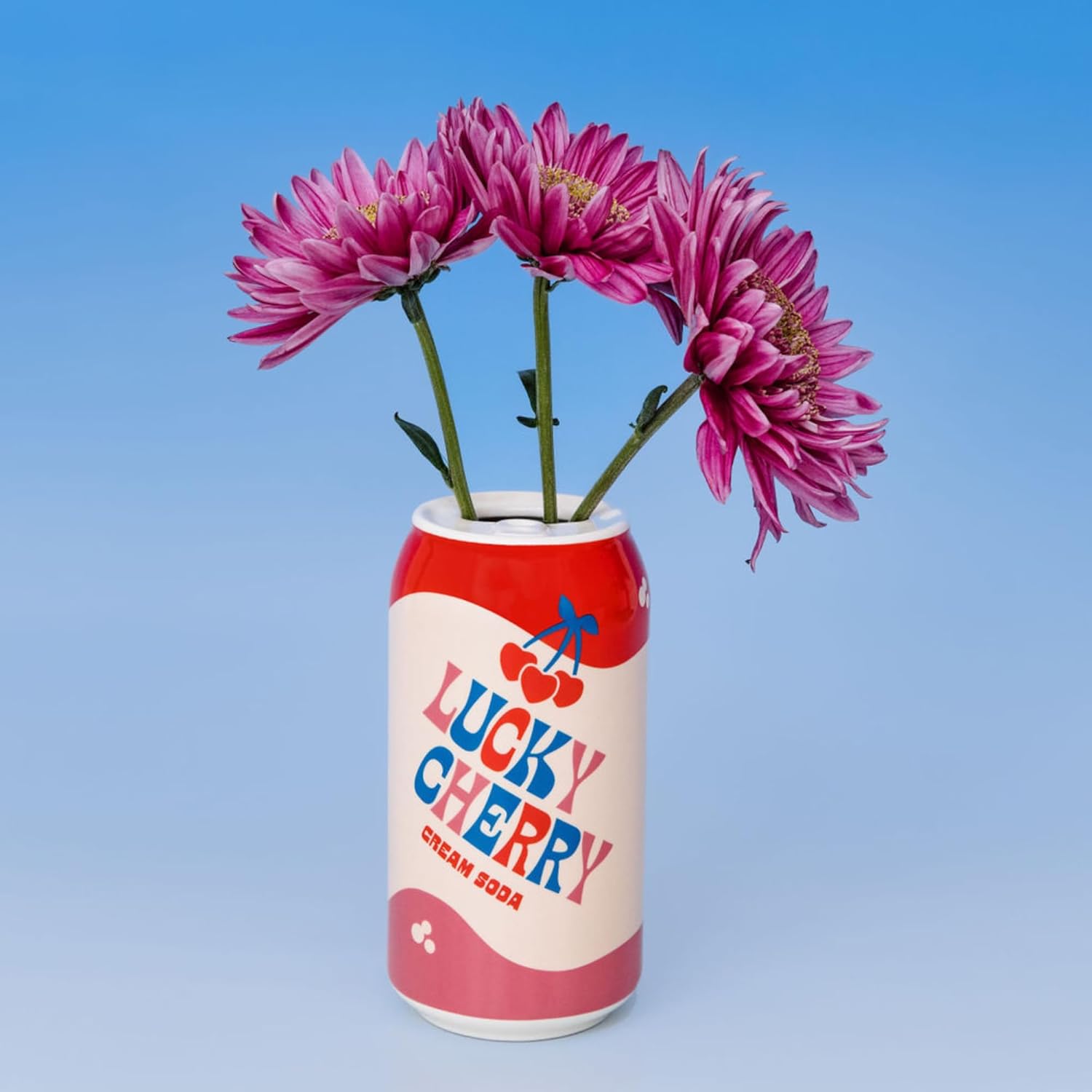 ban.do Small Ceramic Vase, Lucky Cherry Cream Soda Can | Petite and Colorful Retro Inspired Flower Vase or Shelf Decor for Aesthetic Food Theme Home Decor
