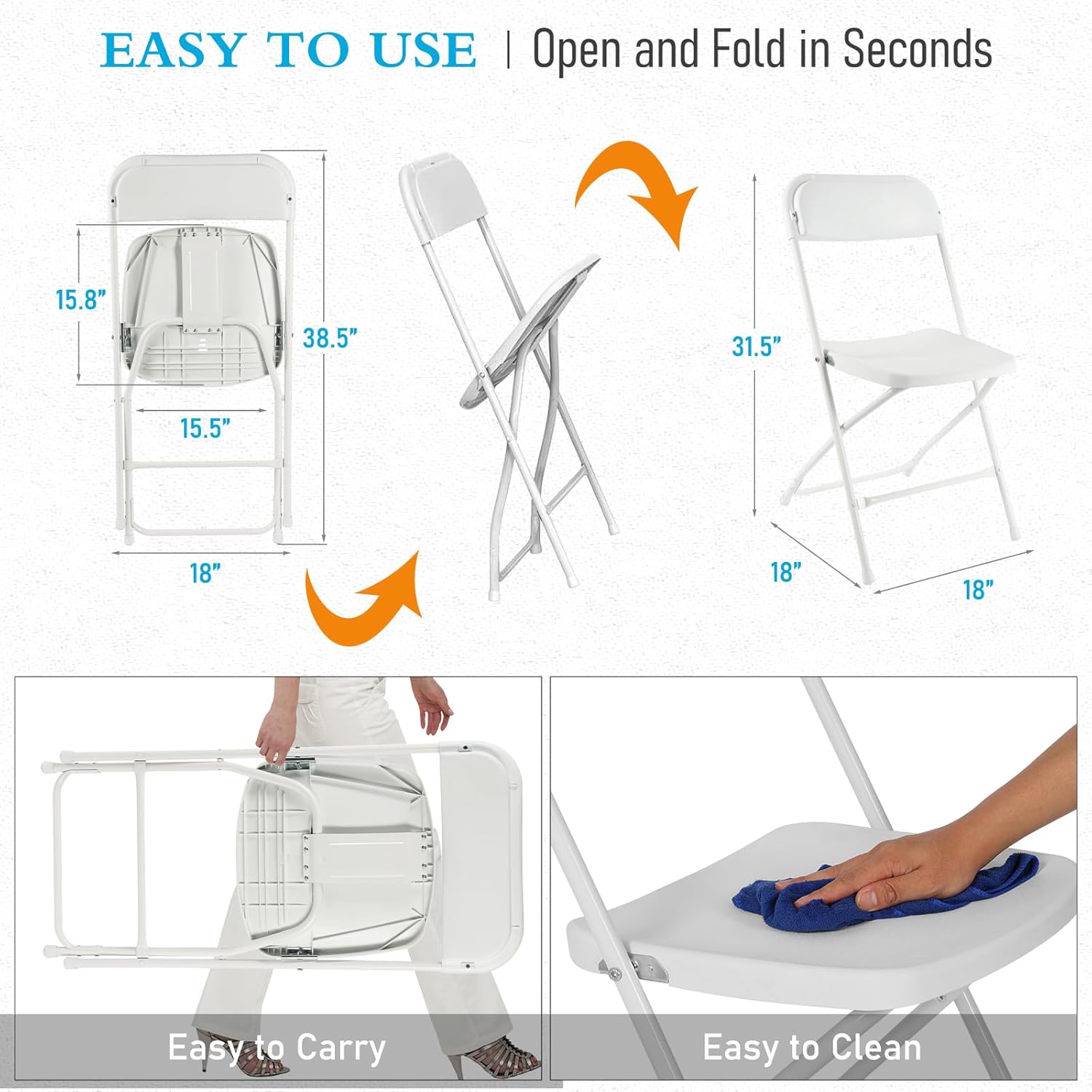 10 Pack White Plastic Folding Chairs Indoor Outdoor Portable Stackable Commercial Seat with Steel Frame Heavy Duty Foldable Chair for Events Office Wedding Party Dining 350lbs Capacity