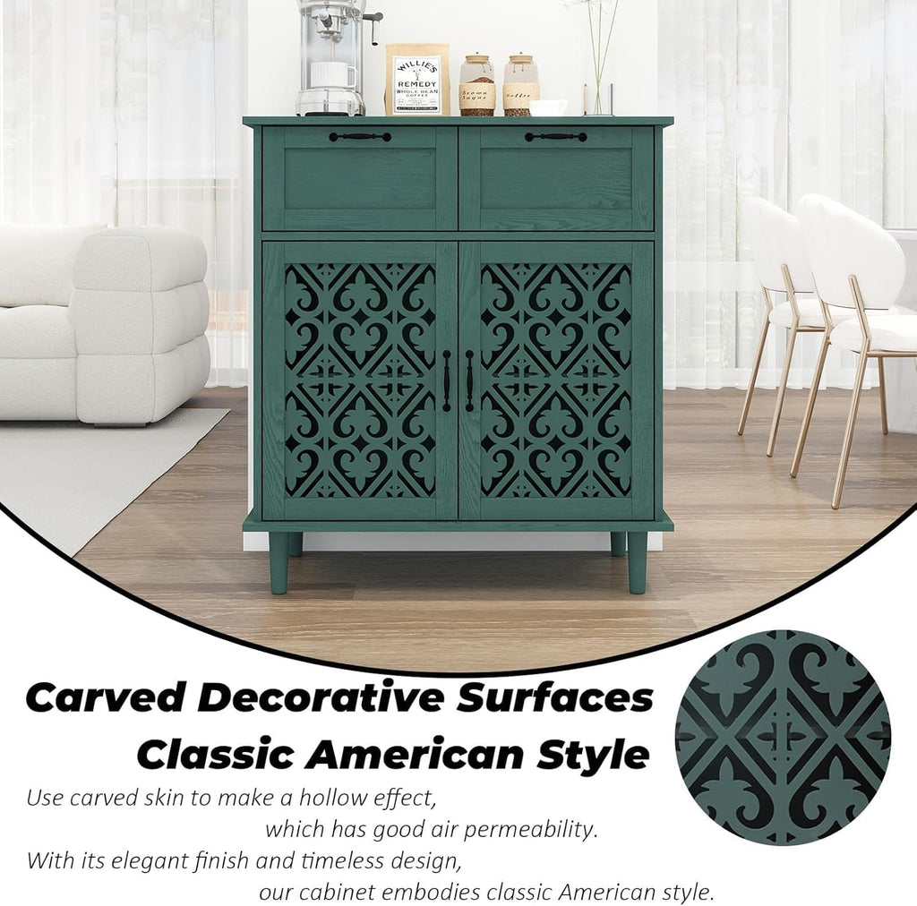Sideboard Buffet Cabinet, American Farmhouse Green 2 Door 2 Drawer Storage Credenza, Hollow Carved, Living Room Entryway Kitchen Dining Room Console Table, Home Furniture Decor